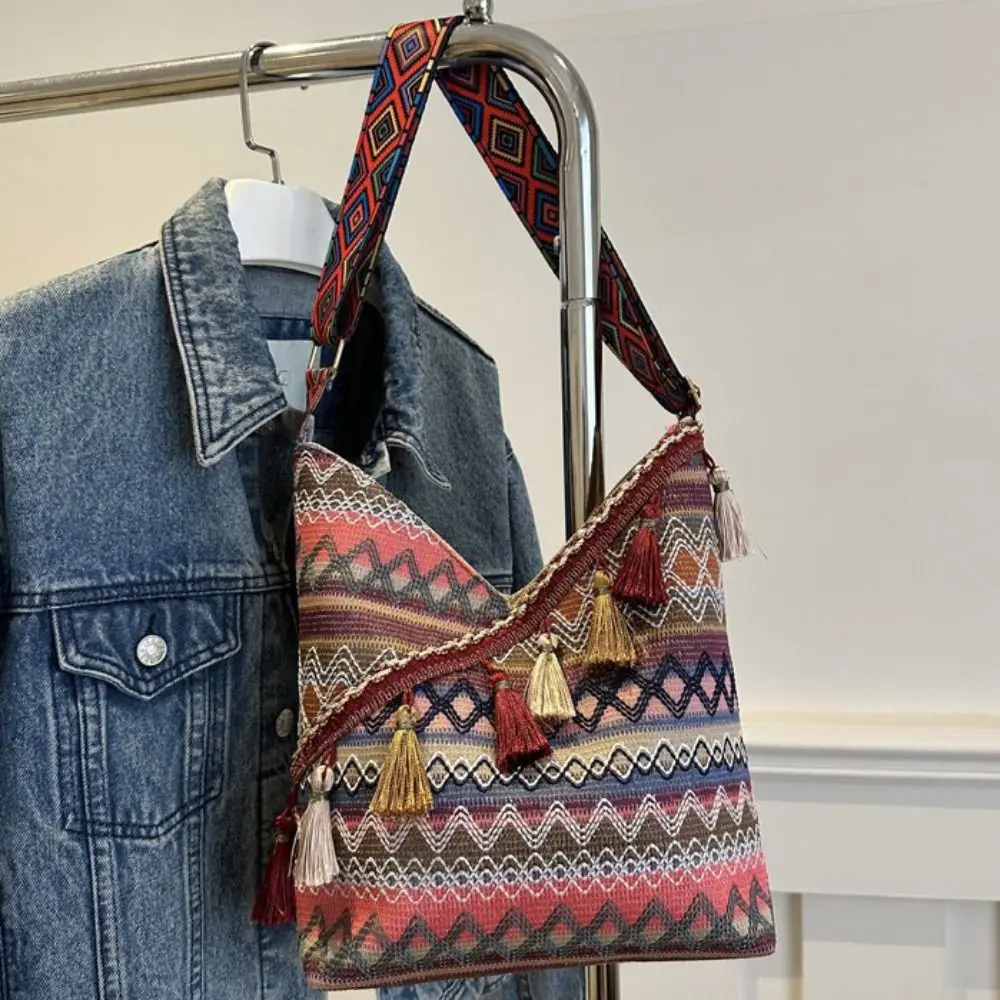 

Повседневные винтажные сумки через плечо в этническом стиле с кисточками, большая вместительная богемная сумка-тоут, тканая женская сумка на плечо с геометрической бахромой