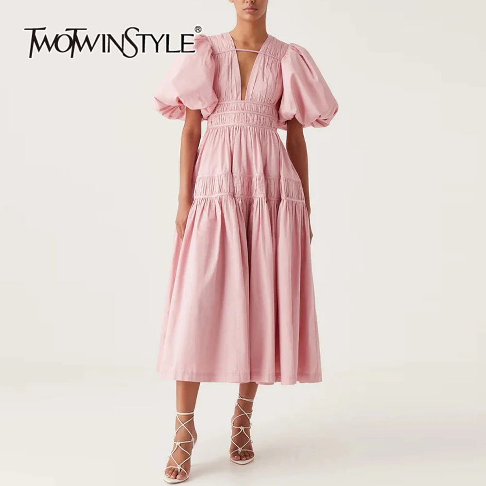 TWOTWINSTYLE Solid Minimalist Spliced Folds Dress For Women V Neck Puff Sleeve High Waist Elegant Dresses Female New KDR506721