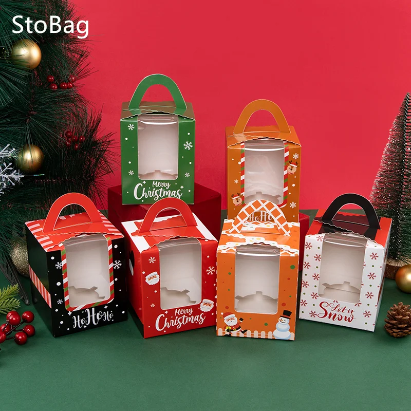 StoBag 10pcs Christmas Capsule Hand-held Window Opening Cupcake Box Packaging Cake Pastry Kids Party Spring Festival Decoration