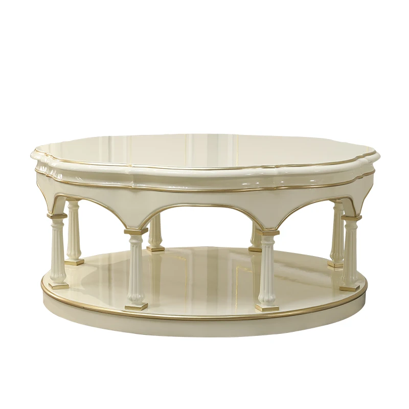 European luxury carved solid wood round coffee table French coffee table side table ivory white gold-painted villa living room f