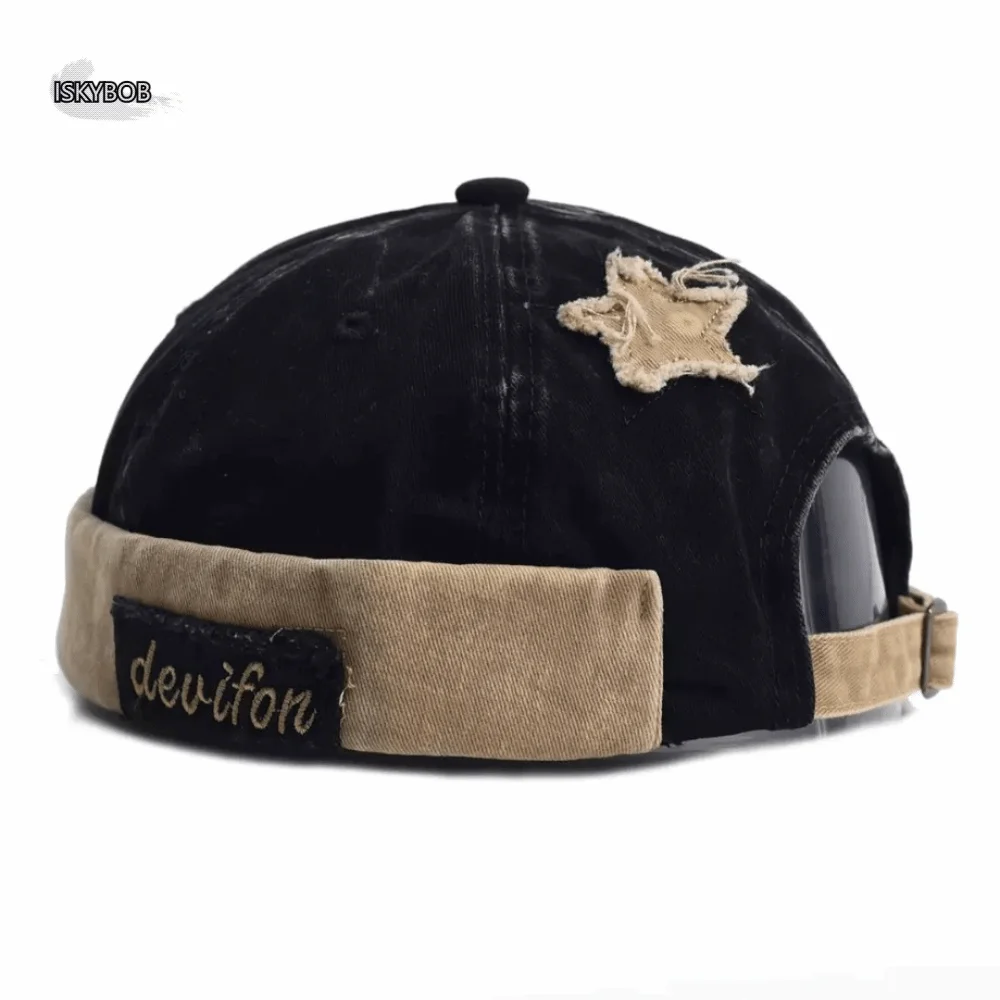 

Trendy Adjustable Washed Landlord Cap Solid Color Cotton Brimless Melon Hat Star Splicing Letter Docker Beanie Four Seasons