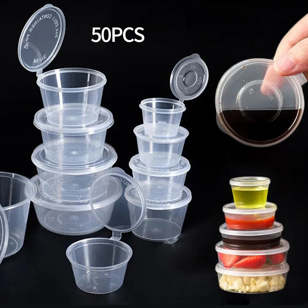 50Pcs 25/50/100ml Disposable Sauce Box Transparent Round Ourdoor Trave Plastic Box Leak-Proof Cover Salad Dressing Seasoning Box