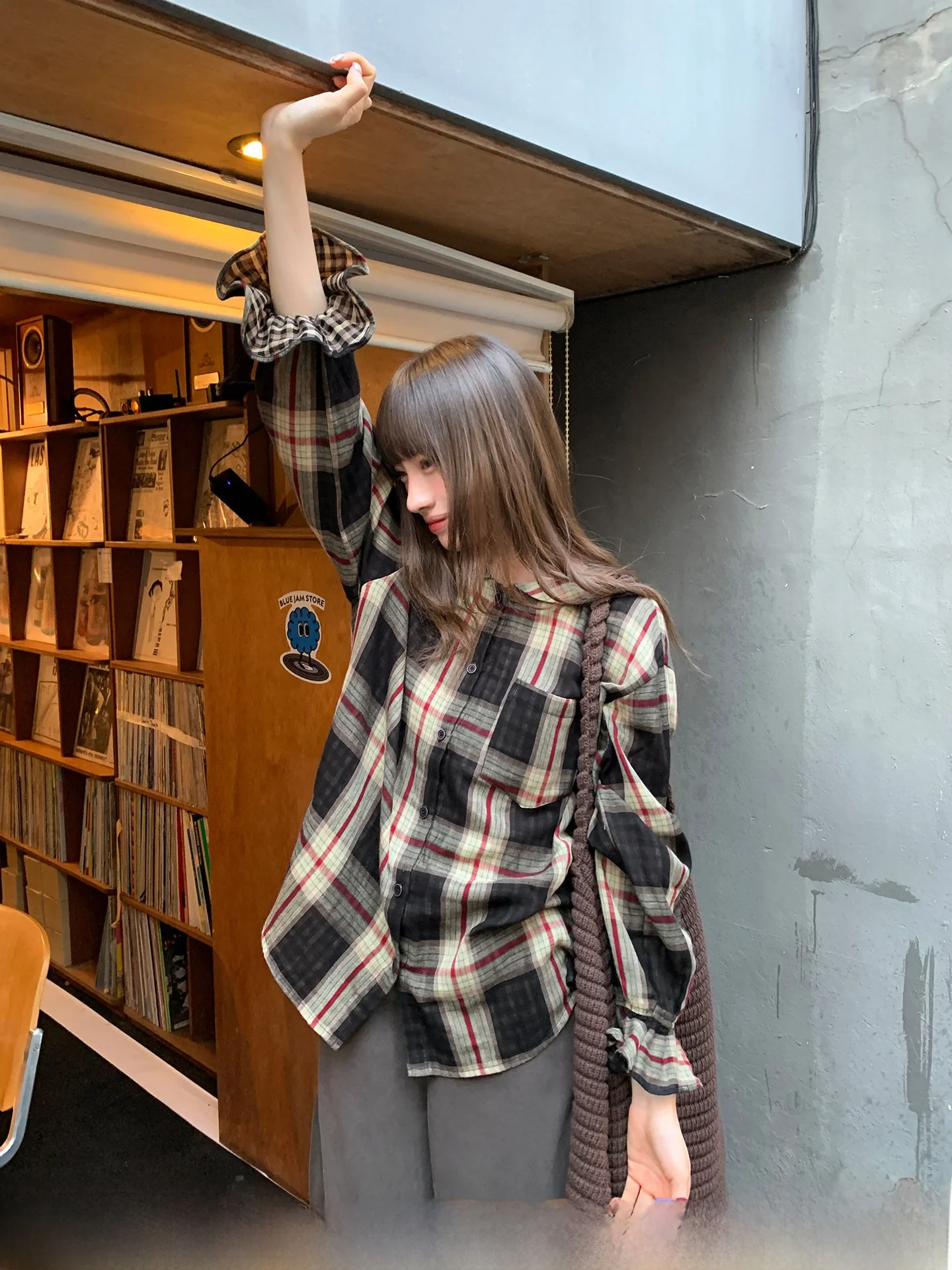 

Lazy Sle Plaid Cotton irt Women's Loose Fit Spring Autumn Korean Version Retro Top Button up Long Sve Navy Collar