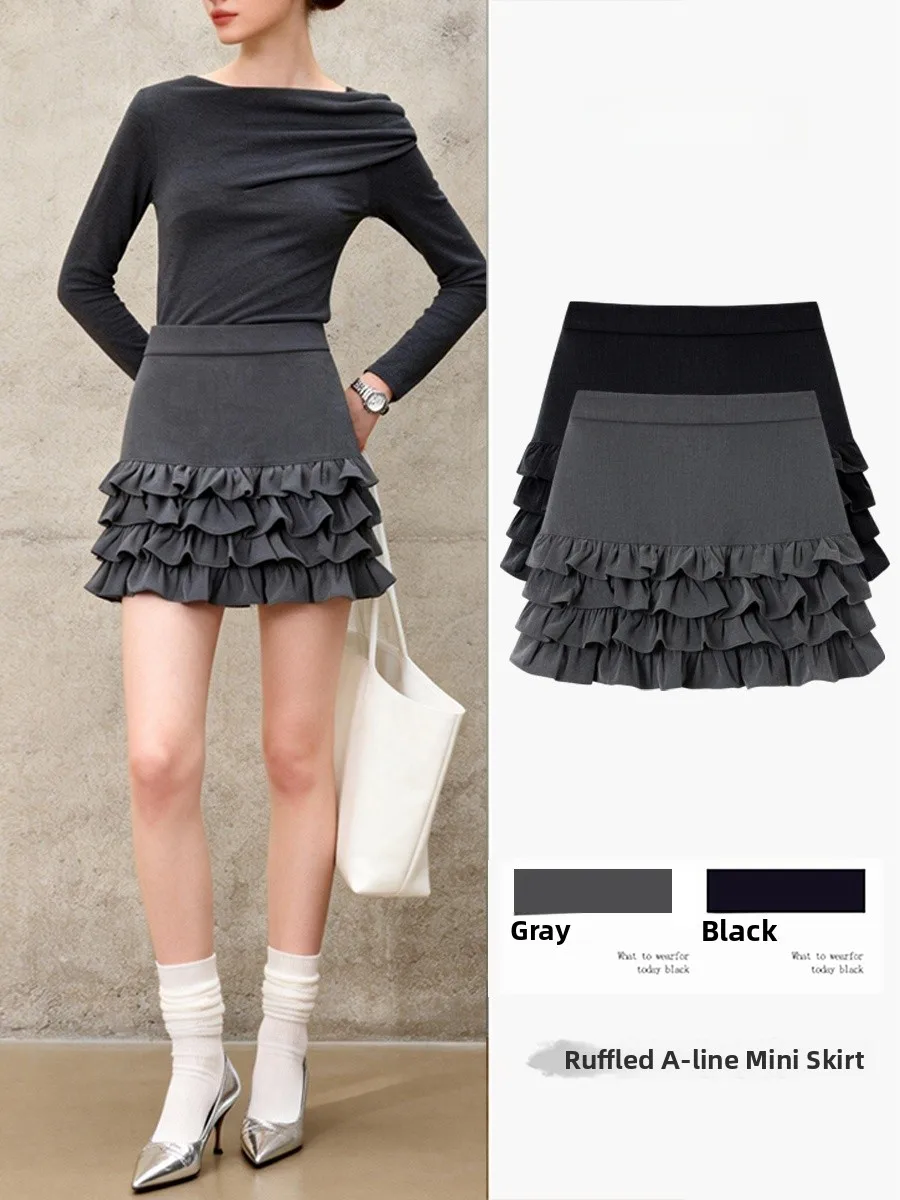 

Bla Cake Skirt f-length Women's Spring Autumn High-waist A-line Slimming ort Skirt with Lace Trim Polyester Fiber