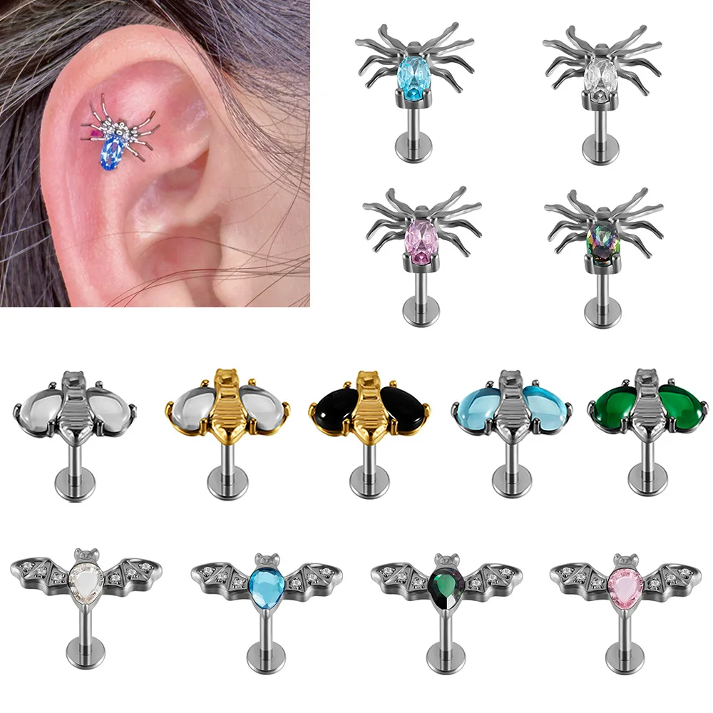 1/5 Uds. Acero inoxidable insecto abeja CZ alas diseño Labret araña murciélago oreja Stud hilo interno cartílago del trago Piercing joyería