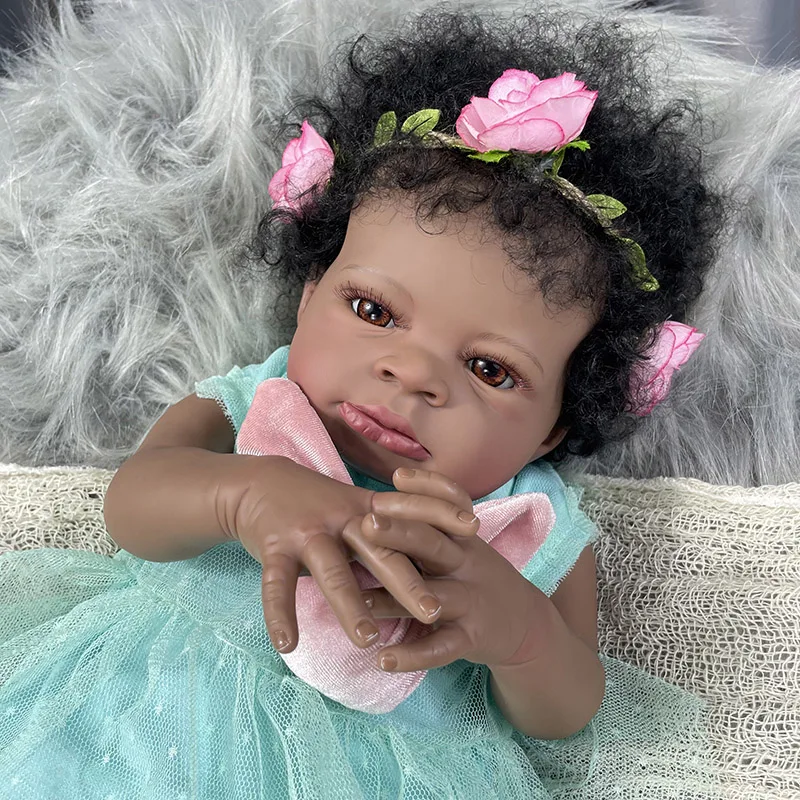 

50CM Dark Skin Finished Reborn Baby Dolls Lanny African American Doll Princess Black Girl Vinyl Cloth Body Newborn Toy 20Inch