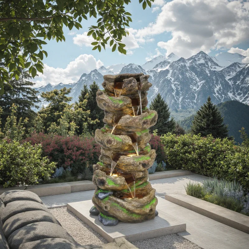 custom.LED Lights-Storey Wooded Fountain Characteristic Waterfall Garden Fountain Decor with Natural Resin Elements
