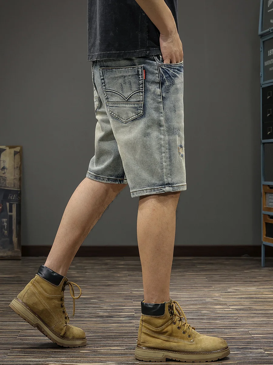 

Мужские джинсы в американском ретро-стиле, модные повседневные прямые брюки средней длины с эффектом потертости, летние, с перфорацией, пятиточечные