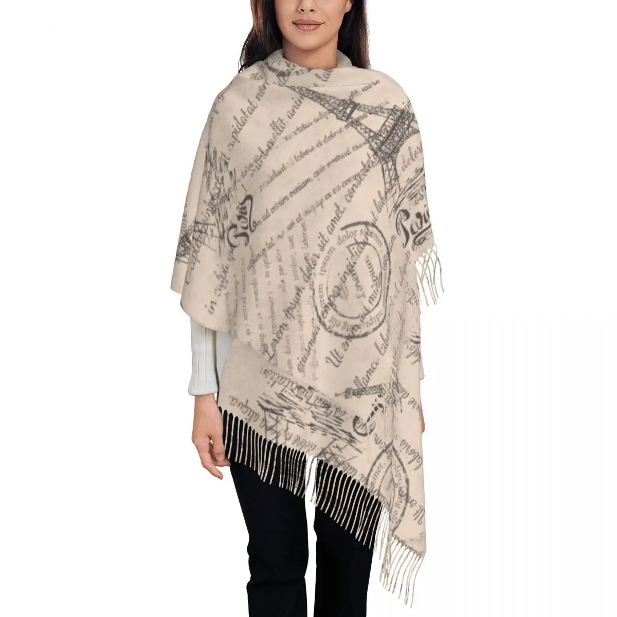 

Винтажный женский пашминовый шарф-палантин с принтом Эйфелевой башни, надписями и парижскими марками, с бахромой, длинный, большой