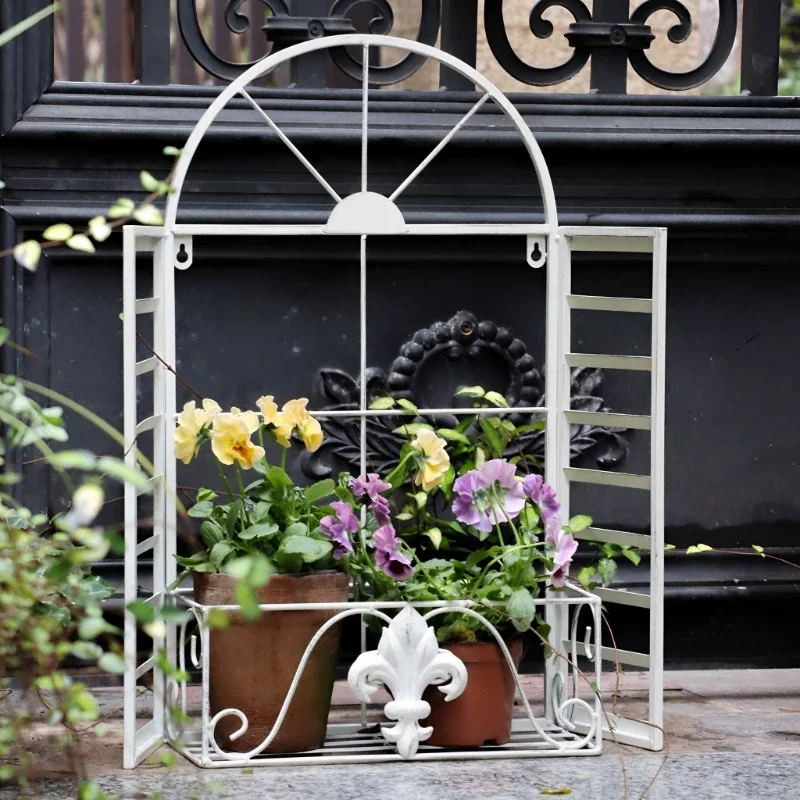 Wrought Iron Wall-Mounted Fake Window, Garden Decor, Vintage White Window Ornament, Balcony Wall Flower Rack