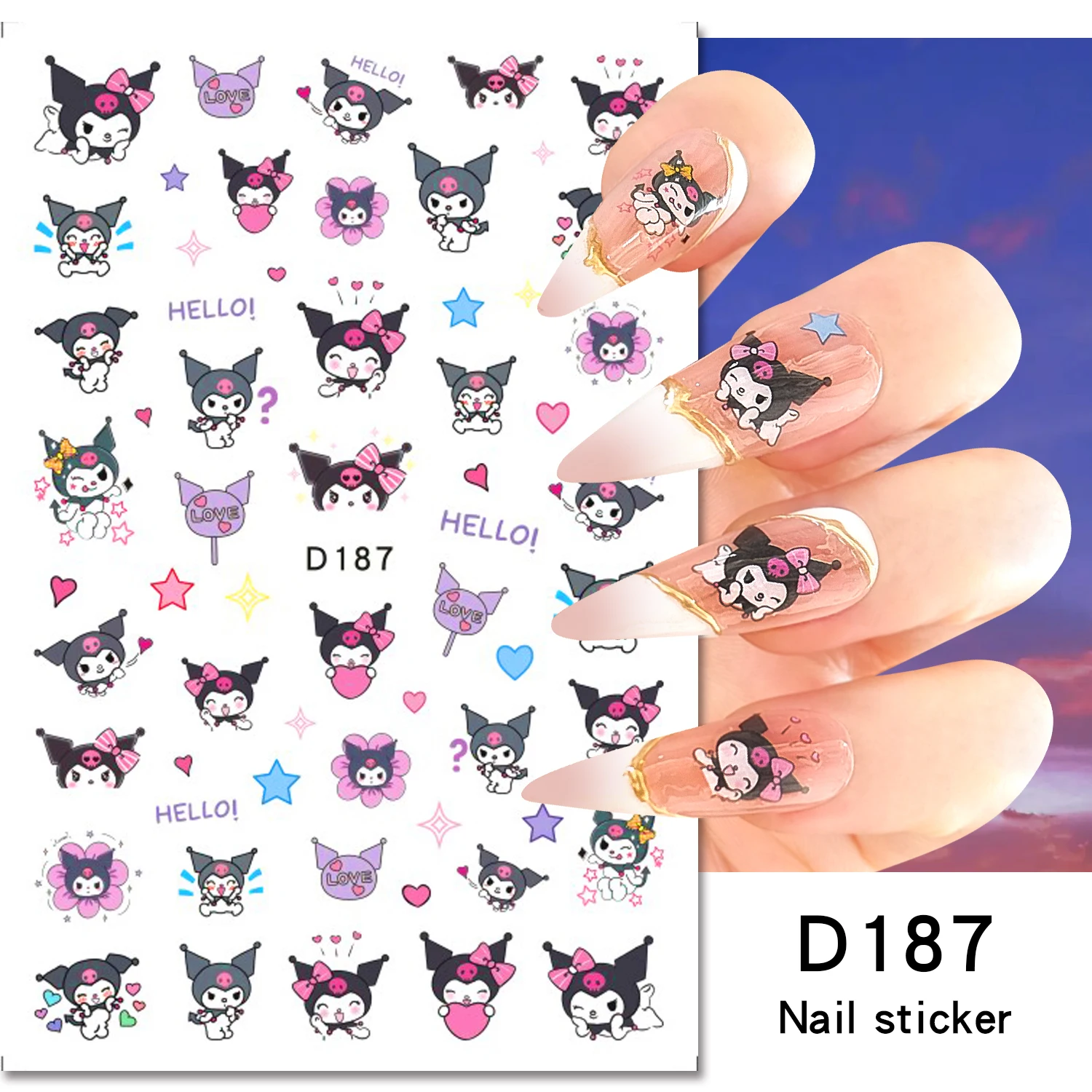 1Pc Kawaii Little Kuromi Nail Stickers Cute Cartoon Hello Kitty Nail Decoration Purple Hearts Nail Decals DIY Manicure Accessory