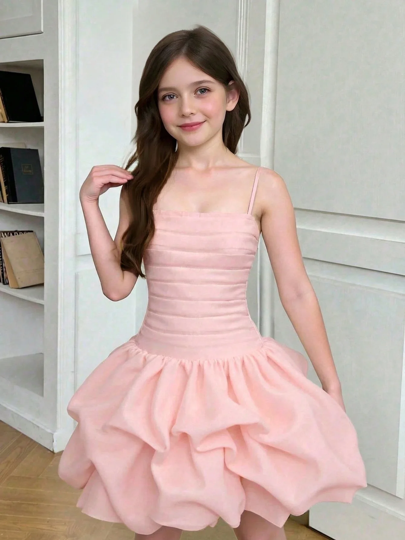 

Элегантное мини-платье из органзы с драпировкой и пышным подолом, на тонких бретелях