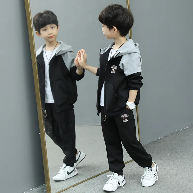 Contrast Kids Jogger Set Baby Boys Workout Fleece Hoodie+Elastic Sweatpant Sets Full Zip Hooded Child Tracksuit for 4-14 Years