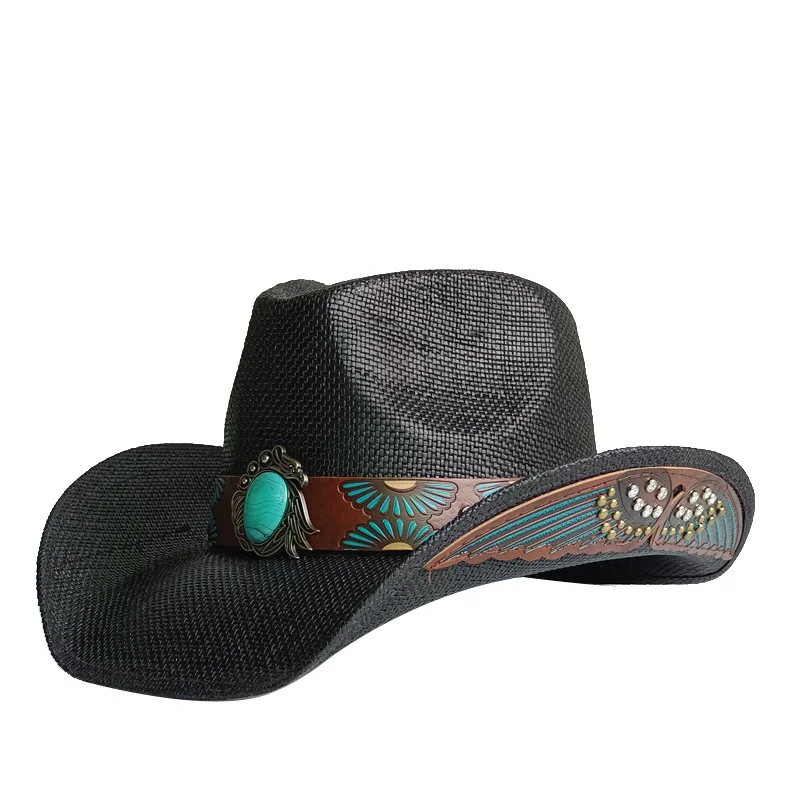 Western Style Straw Cowboy Summer Hats For Men Vintage Curled Wide Brim Cowgirl Hats Sombrero Hombre