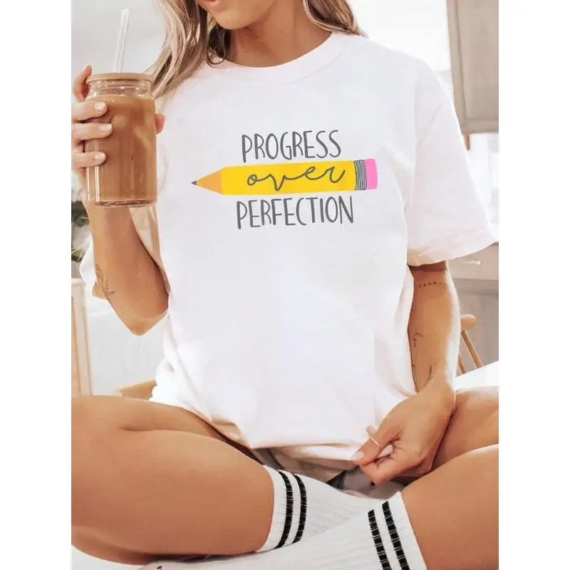

Motivational Progress Over Perfection T-shirt for Women Men Teacher Student Slogan Graphic Tee Positive Quote Top