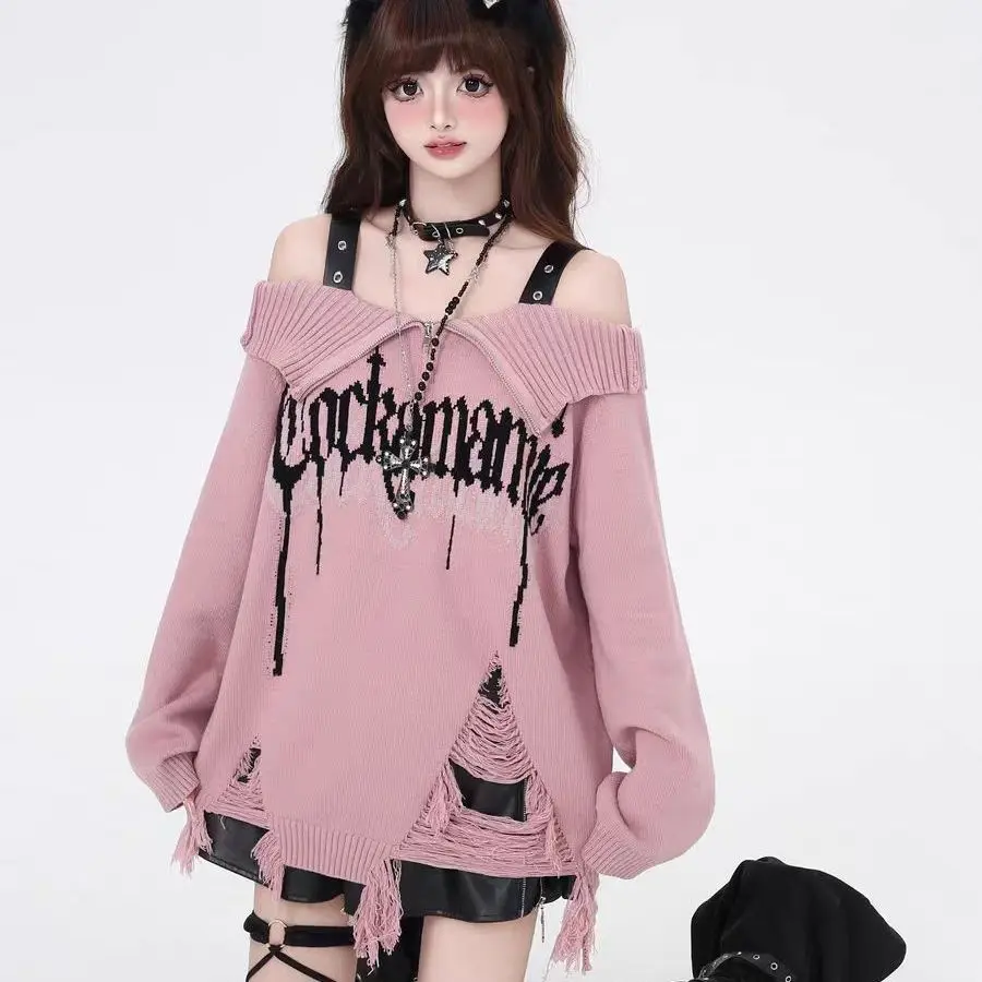 

Свободный женский фиолетовый вязаный свитер с колючками, осень-зима Y2K, модный длинный цветной топ на молнии для девочек