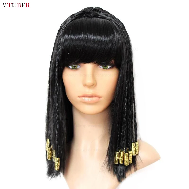 Cleopatra Wig Egypt Queen Black Hair Gold Beads Cleopatra Accessorie Headpie Dance Halloween Party Movie Role Play Cosplay Wigs