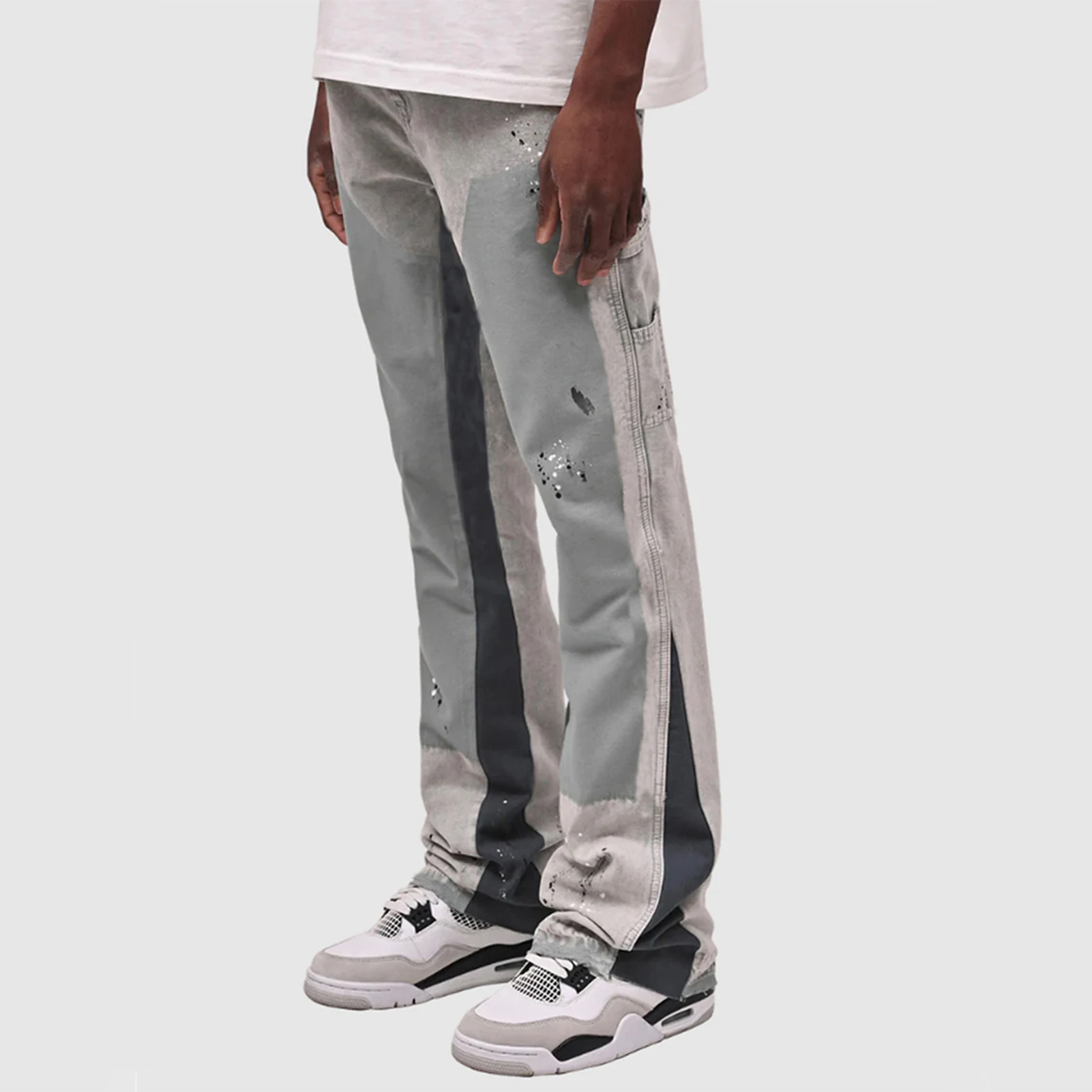 Men\'s Flared skinny grey jeans, Patchwork and simple design, suitable for daily wear in all seasons