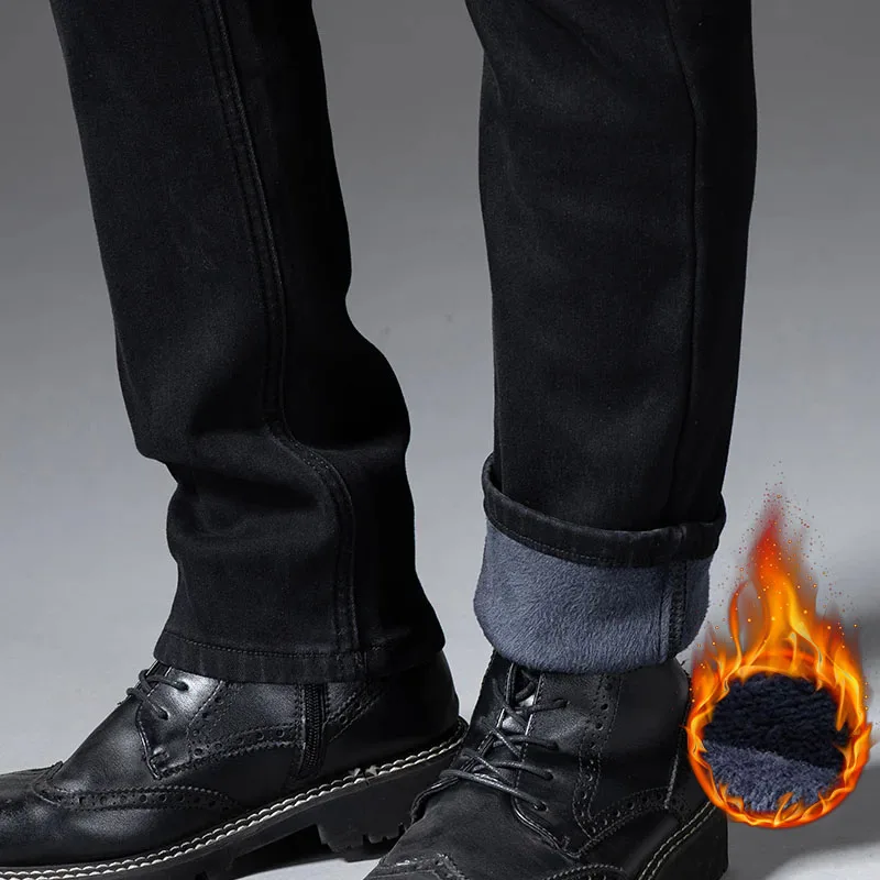 Calças de brim retas finas forradas de lã dos homens inverno quente veludo grosso denim calças térmicas de pelúcia casual workwear elegante ajuste confortável