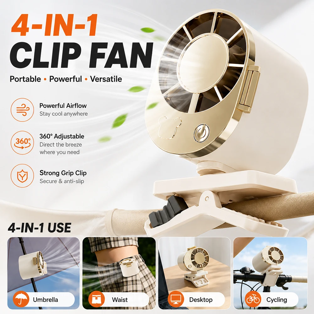 Mini Clip-On Fan USB Rechargeable Portable Personal Fan for Cycling, Umbrella, Waist & Desktop, 360° Adjustable
