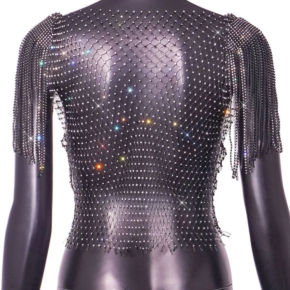 タッセルショール付きフィッシュネットグリッタートップ、ラインストーンセクシーアピール、ラインストーンフィッシュネットトップ、メッシュドリルメッシュ