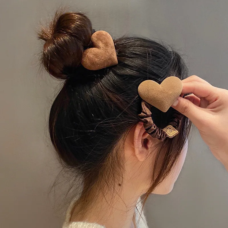 Fashion Coffee Color Heart Shaped Plush Hair Ties Winter Women High Elastic Ponytail Holder Rope Scrunchie For Kids Teens