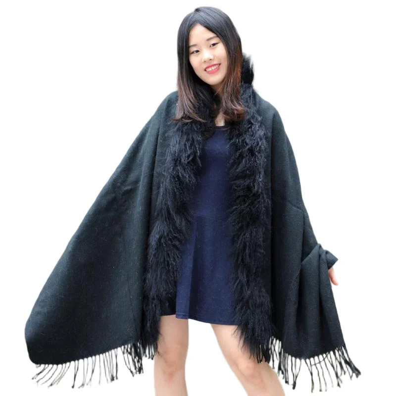 Warm Pure Color Scarf for Women Winter Soft Thickened Plush Wool Shawl with Real Lamb Fur Trim