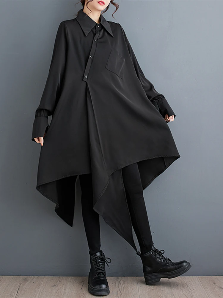XITAO Asymmetrical Black Shirt Dress Personality Fashion Loose Long Sleeve Women Street Trendy Dress 2024 Spring New ZY8651