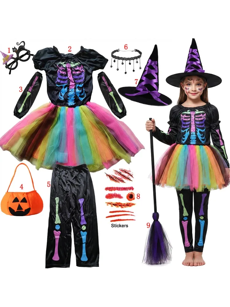 2026 Mädchen Skelett-Rose Punk Cosplay Kleid mit Hose Set Knochen-Print Kinder-Outfit für Halloween Bühnenparty Verkleidungskostüm