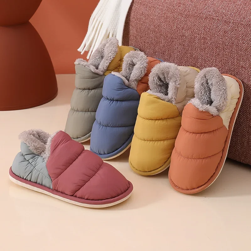 2024 Fashion Women Home Cotton Shoes Winter Warm Plush Slip On Slippers Waterproof Down Soft Bottom Indoor Couple Outside Shoes image 2