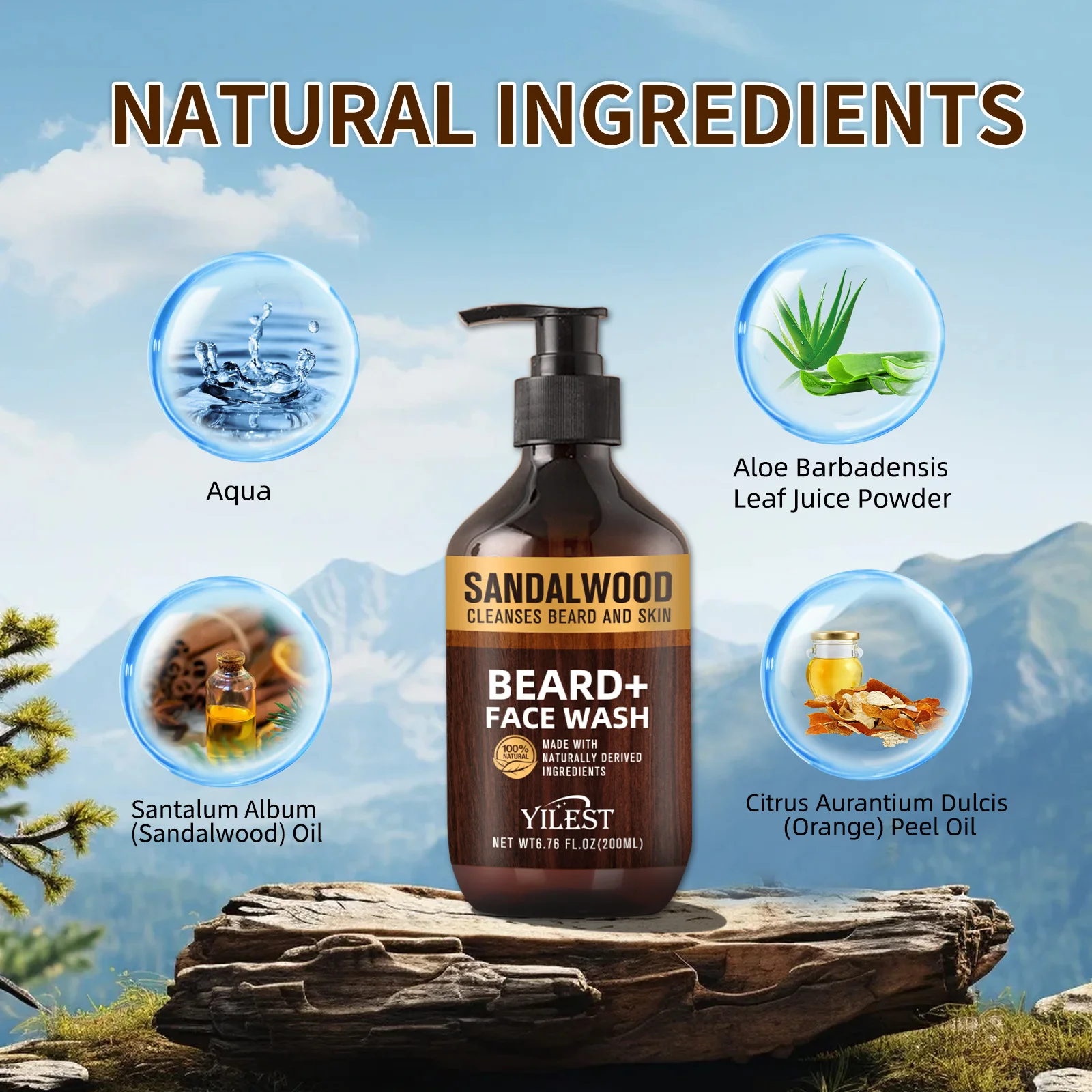 Nettoyant naturel pour barbe et visage en bois de santal pour hommes, 200ml, pour soins de la peau, nettoyage en profondeur, mousse pour le visage avec huile d'aloe vera et d'orange