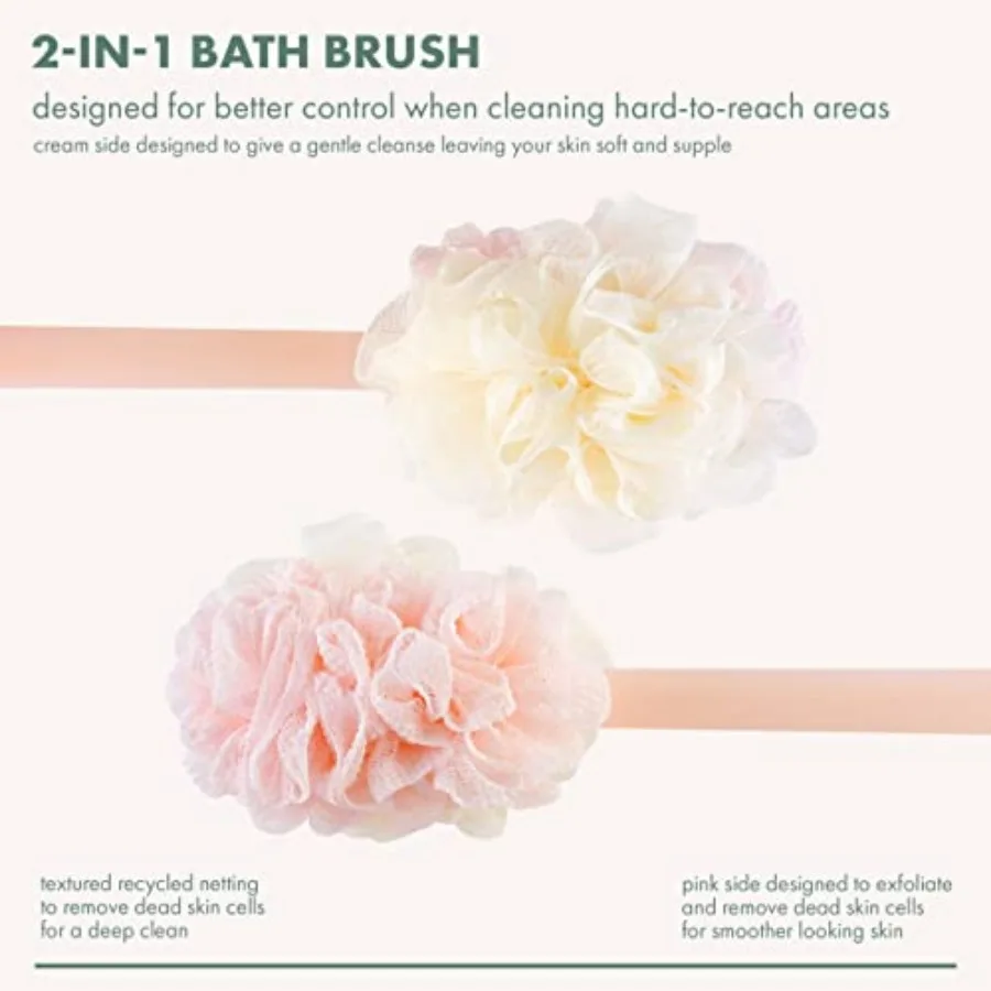 2-in-1 EcoPouf Bath Brush, Loofah Brush for Bath and Shower, with Long Handle and Recycled Netting for Cleansing and Exfoliatin