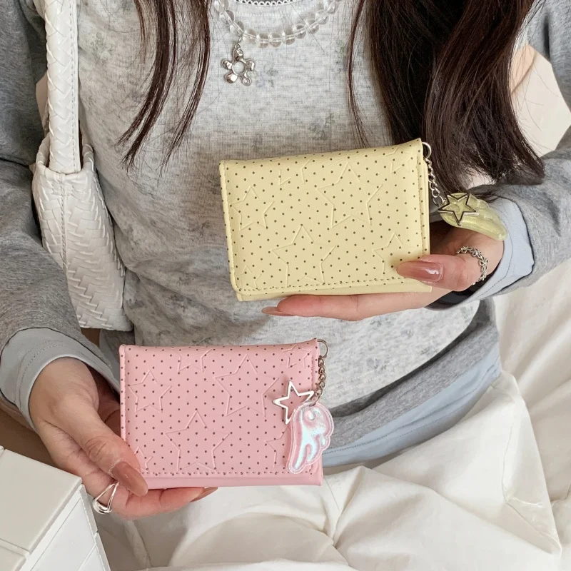Y2K Star Wave Point~Small Wing Pendant INS Three Fold Women's Simple Wallet Card Bag Y2K