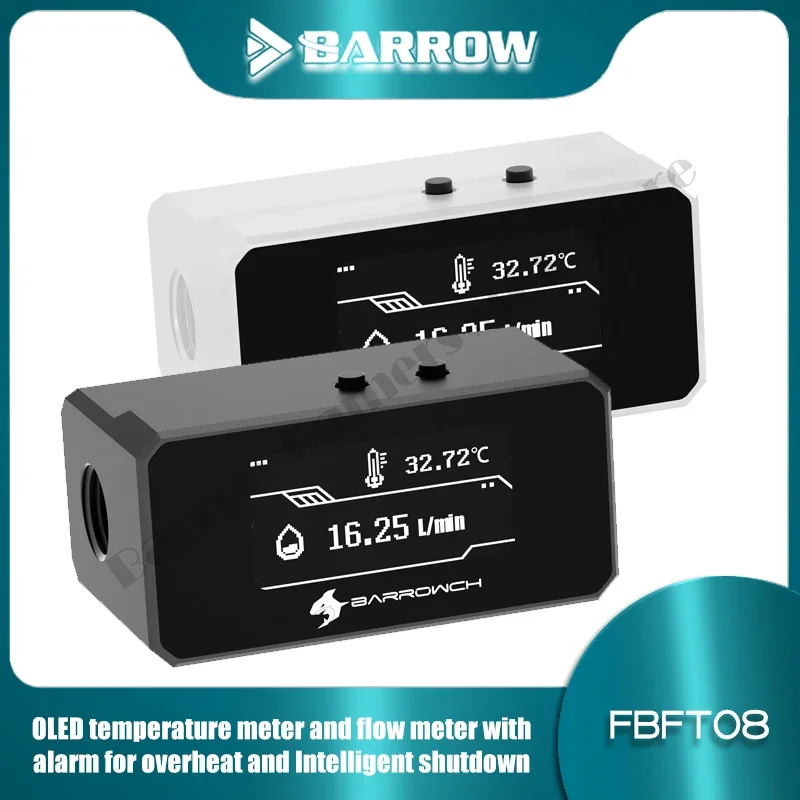 BARROWCH FBFT08,OLED Digital Display Water Thermometer,Adjustable Intellect Monitoring Alarm Flow Meter Custom Liquid