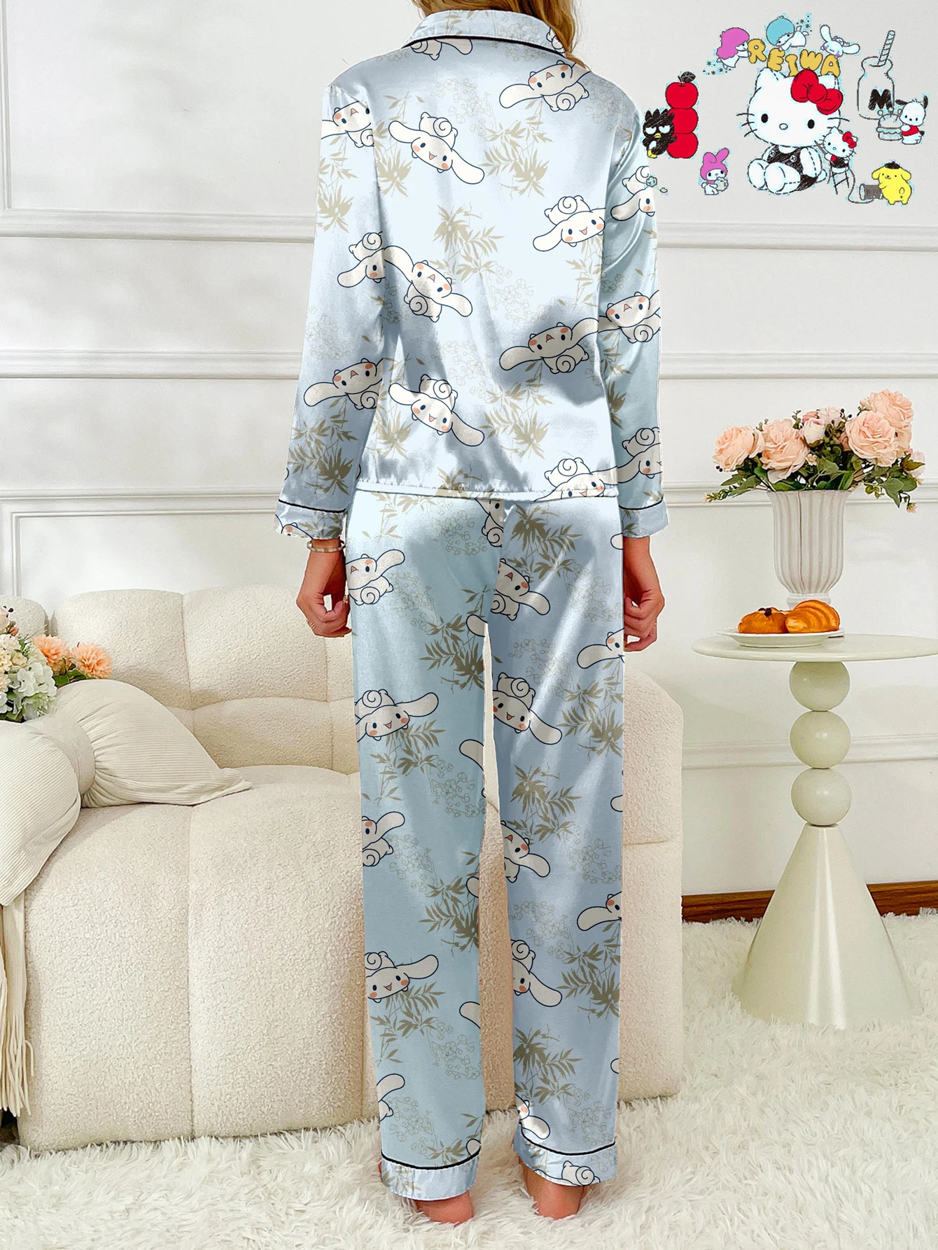 سانريو أزرق فاتح كارتوني بأكمام طويلة وبنطلون وياقة قميص من الساتان طقم بيجامات غير رسمية -