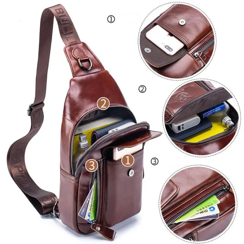 BULLCAPTAIN 2024 New Fashion Genuine Leather Crossbody Bags for Men Messenger Chest Bag Packs Travel Single Shoulder Strap Pack