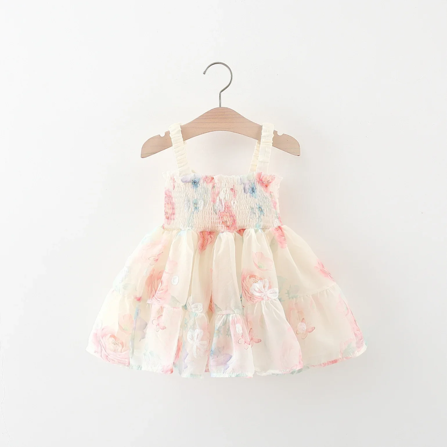 (0-3 Years Old Girls) Summer New Baby Girls Dress Back Butterfly Wings Cake Dress Hand-painted Wind Rose Pattern Suspenders