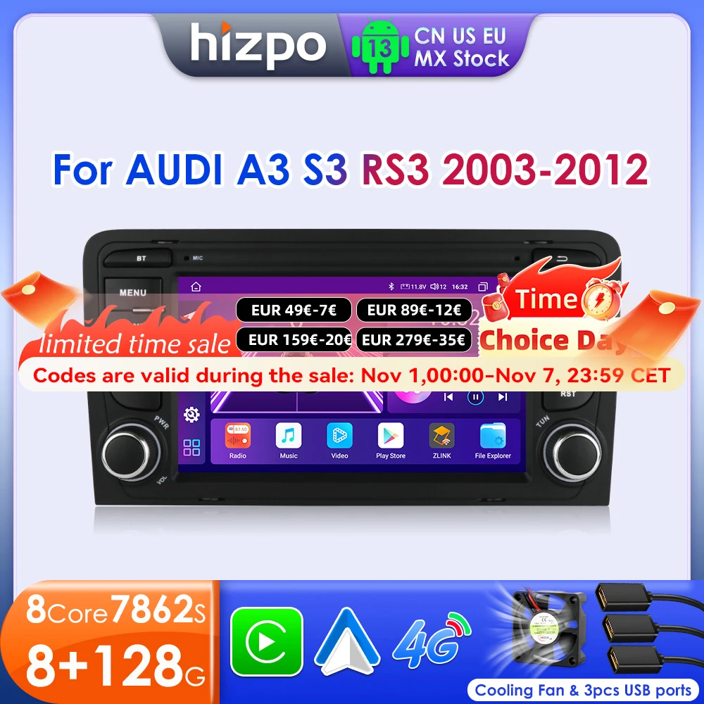 Hizpo 7" Android Auto Radio for Audi A3 8P 2003-2012 S3 RS3 Carplay Car Multimedia RDS GPS 2din Autoradio AI Voice 8 Cores 7862