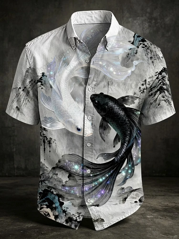 Japanese Ukiyo-e Style Samurai Koi Fish 3D Print Hawaiian Shirt Men Women Fashion Short Sleeve Single-breasted Cat Shirt Camisas