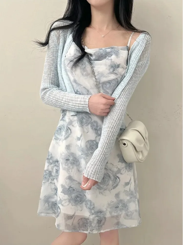 Fre Summer Design Bal Hollow out Soft Sle Aquarell Chiffon Dr. Gentle Breeze Strap Dr Midirock mit Blumendruck