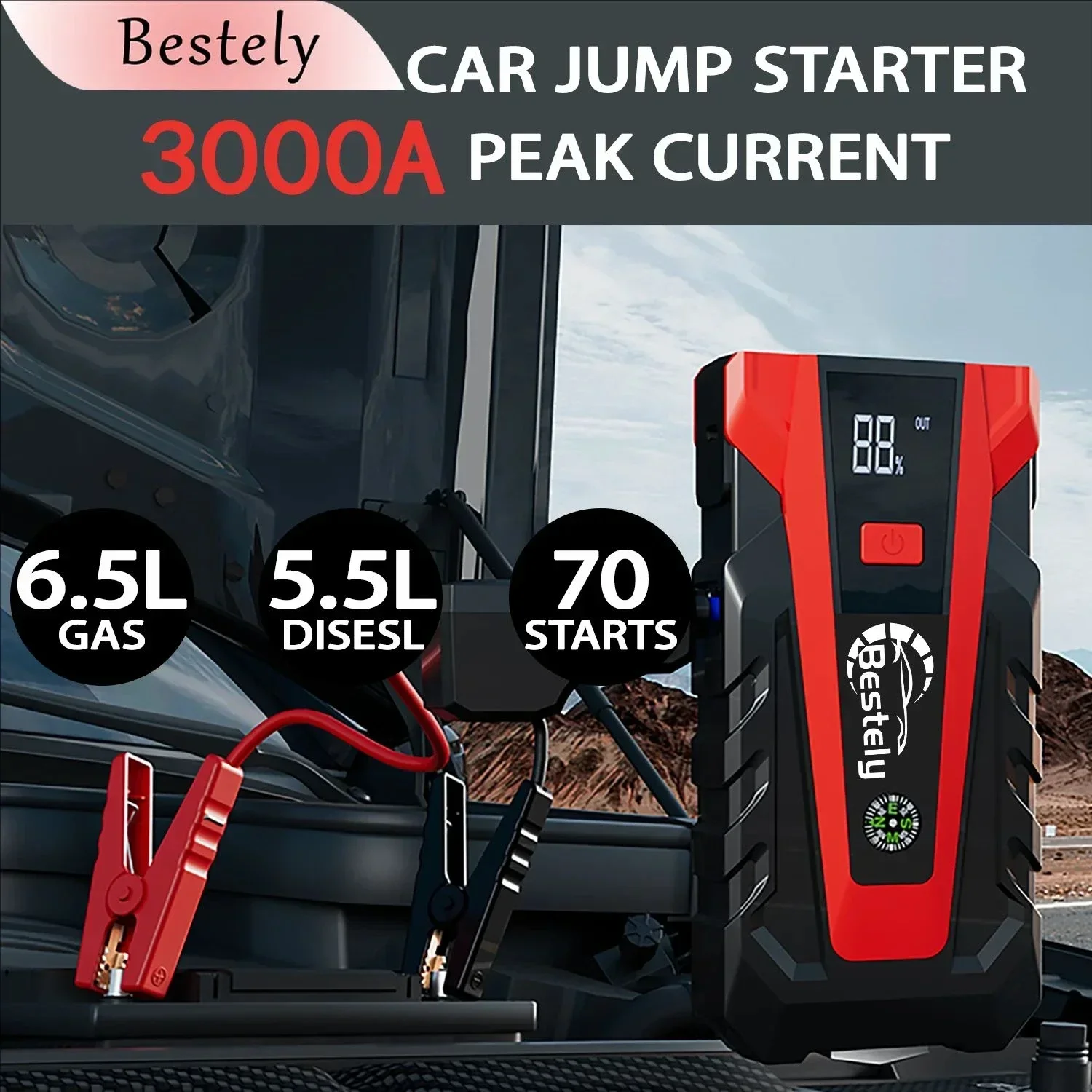 Bestely 12V 99800mAh 3000A Car Jump Starter Car Battery Starters Portable Power Bank 12V Starting Device Petrol Diesel Car