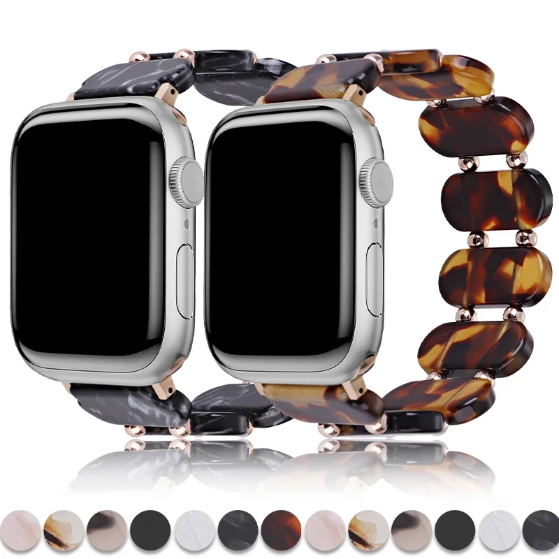 Resin Strap for Apple Watch Ultra Band 41mm 46mm 40mm 44mm 45mm 42mm 49mm Elastic Metal Bead Bracelet for iWatch 10 9 8 7 6 SE 5