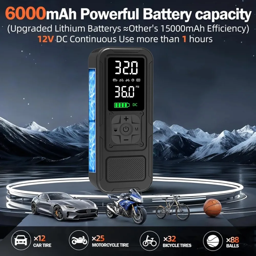 6000mAh Cordless Tire Inflator, 150PSI Air Compressor, 4X Faster, Digital Gauge for Car Motorcycle Bike view 3