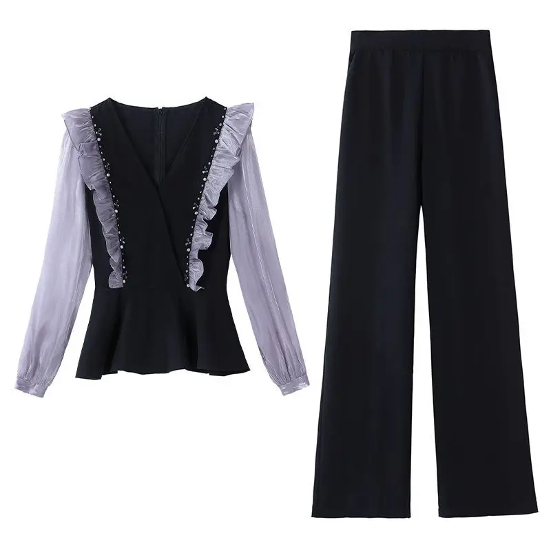 Élégant ensemble de pantalons surdimensionnés pour femmes, haut patchwork à volants et pantalon à jambes larges, tailleurs-pantalons féminins, nouvelle mode, printemps 2024, 2 pièces