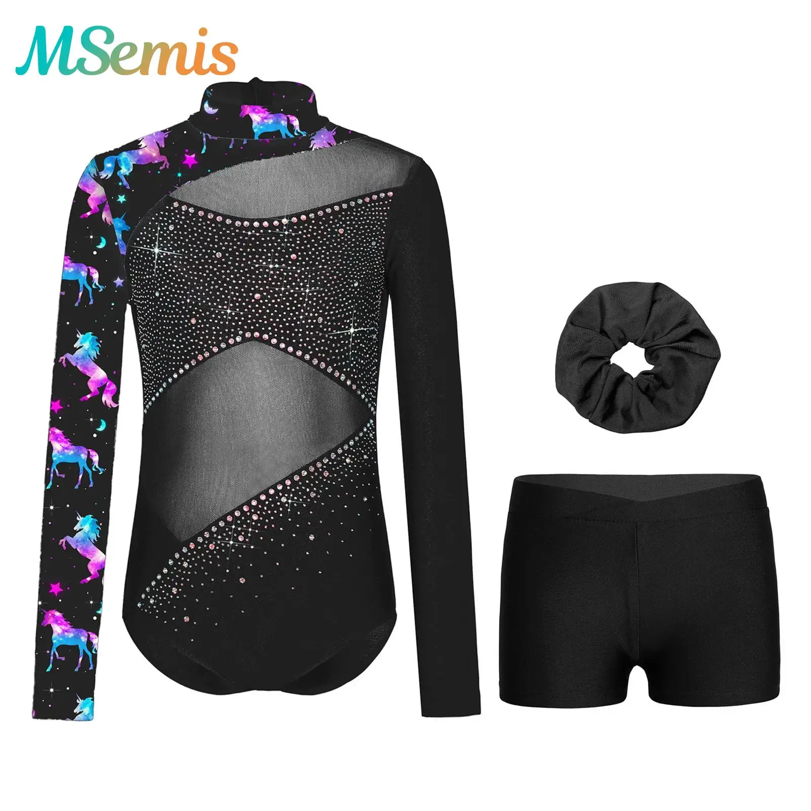 

Kids Girls Shiny Rhinestones Gymnastics Leotard Figure Skating Ballet Dance Outfit Back Zipper Bodysuit with Shorts And Hairband