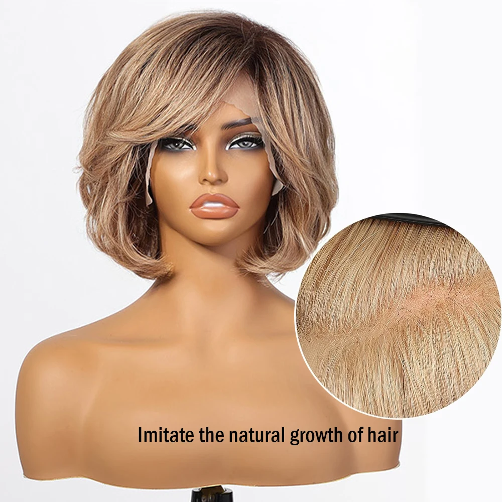 12 In Lace Front Human Hair Wigs for Women Light Brown Short Layered Wavy Bob Wig with Bangs Remy Human Hair Wigs for Daily Use