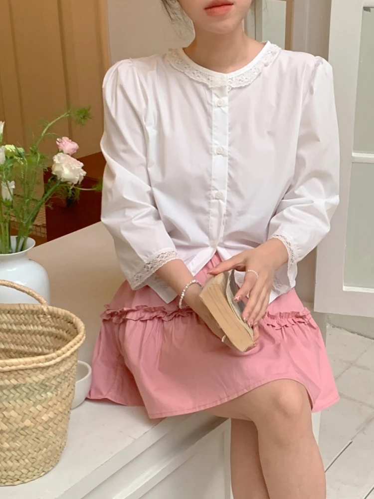 Witte kanten rand irt dames hoge taille A-lijn roze rok Koreaanse Sle Sweet Commute Bubble Sve button-up blouse