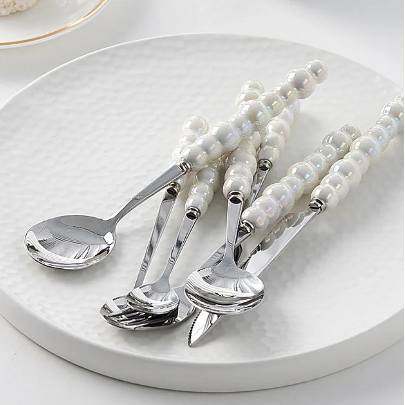 Ceramic Pearl Handle Camping Fork Spoon Western Tableware Dinnerware Set Stainless Steel Cutlery Set Complete Dinner Spoons Bar