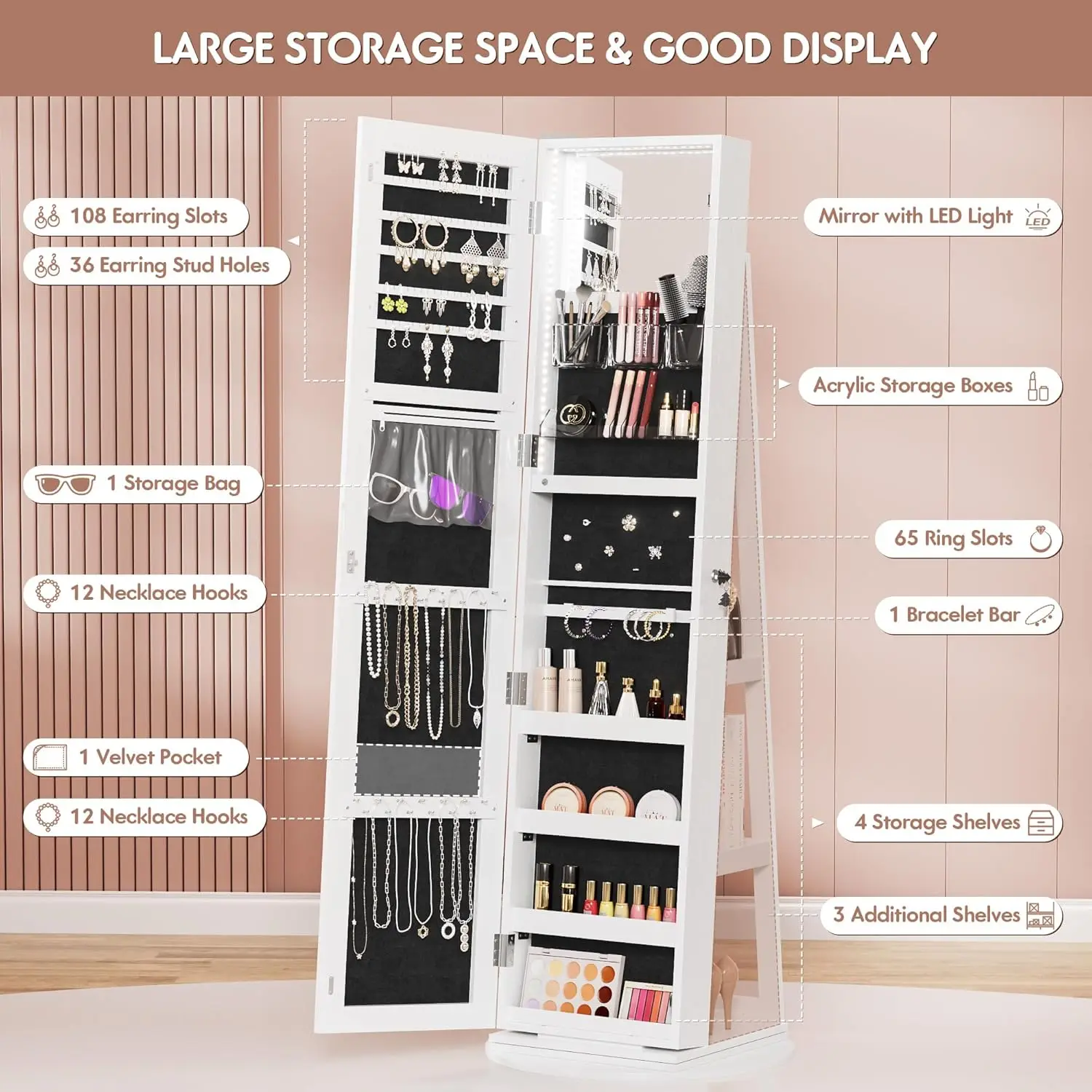 Swivel Mirrored Jewelry Armoire with Full Length Mirror and LED Light, Lockable Standing Jewelry Cabinet Organizer with Extra Sh