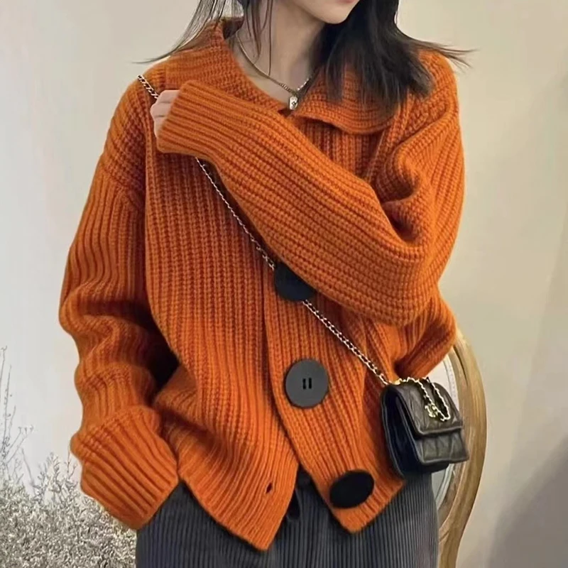 Women's Chunky Knit Cardigan Jacket Big Button Collared Soft Woolen Rib-knit Sweater Autumn Winter Outfit